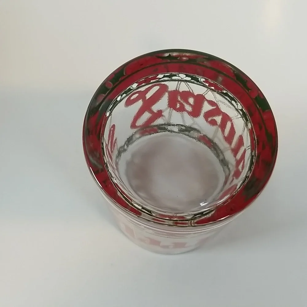 Houze 'Seasons Greetings' Glass Drink Tumbler Red & Green Gold Rim Vintage